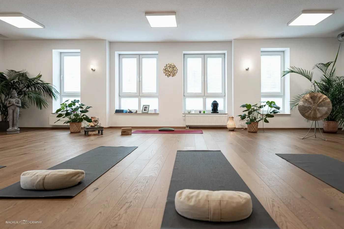 Der helle Yogaraum des Movement Studios in Herten mit ausgelegten Matten, Pflanzen und Gong